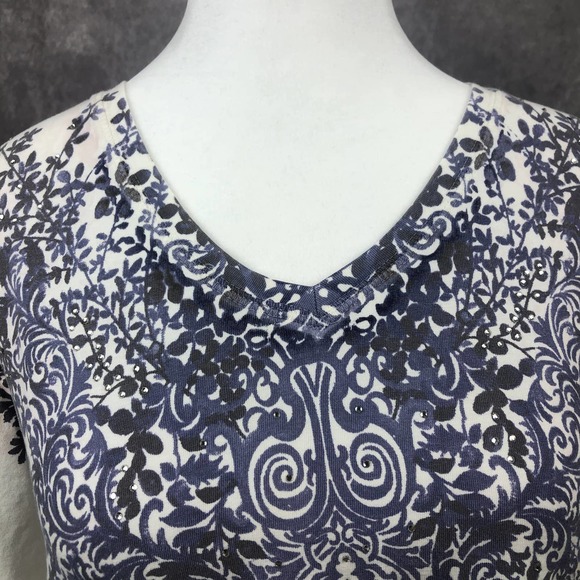 Weekends by Chico's Shirt Women 1 Medium Long Sleeve Rhinesone Floral Cotton Top - Picture 3 of 14